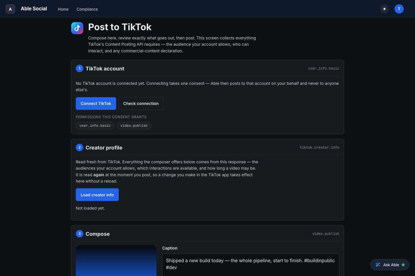 The Able Social posting screen: numbered panels for connecting a TikTok account with its two permission scopes, loading the creator profile fresh, and composing a post
