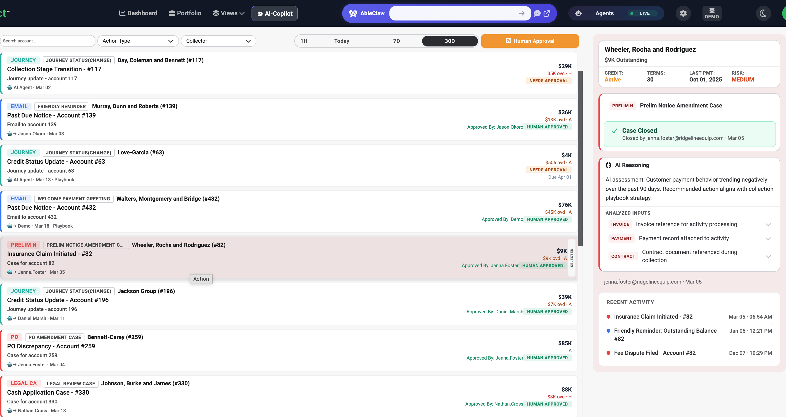 Able Collect AI Copilot — automated collection activities with human approval workflow and AI reasoning