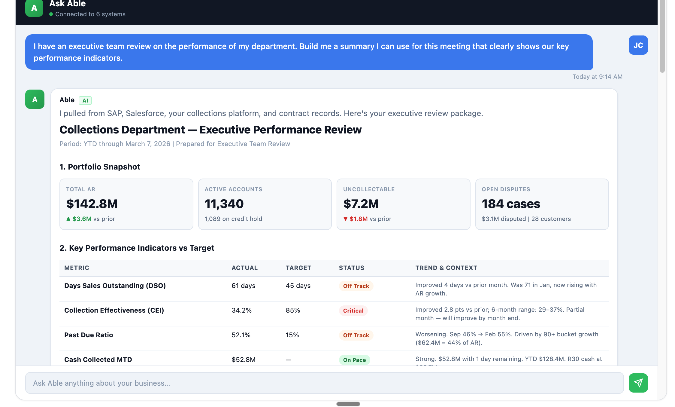 Able Collect Deep Intelligence — Executive performance review generated from connected ERP, CRM, and collections data